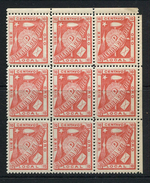 ARGENTINA - TIERRA DEL FUEGO - 1891 - LOCAL POST: 10c carmine rose 'Poppers Local Post' issue, a fine mint corner marginal block of nine from the later printing. (SG 1)  (ARG/32805)