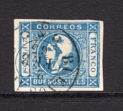 ARGENTINA - BUENOS AIRES - 1862 - CLASSIC ISSUES: 2p blue 'Liberty' issue, a fine copy, four large margins used with fine BUENOS AIRES cds dated 25 FEB 1863. (SG P49)  (ARG/33547)