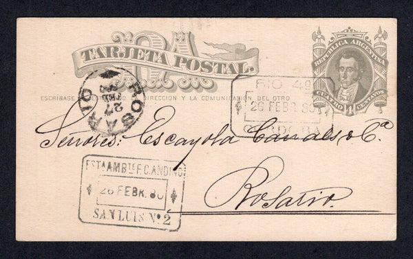 ARGENTINA - 1880 - TRAVELLING POST OFFICES: 4c grey postal stationery card (H&G 1) datelined 'Villa Mercedes Febrero 25 1880'  with fine strikes of boxed 'RIO 4o CORDOBA' and 'ESTA AMBTE F.C. ANDINO SAN LUIS No.2' markings in black. Addressed to ROSARIO with arrival cds on front.  (ARG/33557)