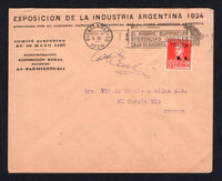 ARGENTINA - 1924 - MINISTERIAL ISSUES & CINDERELLA: Printed 'Exposicion de la Industria Argentina 1924, Comite Ejecutivo' cover franked with 1923 5c scarlet 'San Martin' issue with 'M.A.' Ministry of Agriculture overprint (SG OD33A) tied by BUENOS AIRES machine cancel dated NOV 4 1924 with official 'Signature' handstamp alongside. Addressed locally within BUENOS AIRES with large purple, blue & yellow illustrated 'Worker & Agriculture' cinderella label on reverse inscribed 'Exposicion de la Industria Argent