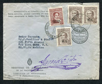 ARGENTINA - 1940 - MINISTERIAL ISSUES & OFFICIAL ISSUES: Printed 'Ministerio de Agricultura' cover franked with 3 x 2c grey brown with 'M.A.' Ministry of Agriculture' overprint with serifs (SG OD57A) and 1939 10c maroon with 'SERVICIO OFICIAL' overprint (SG O680) all tied by BUENOS AIRES cds's dated 15 OCT 1940 with official 'Signature' handstamp in purple alongside. Addressed to USA. A nice combination of issues.  (ARG/33569)