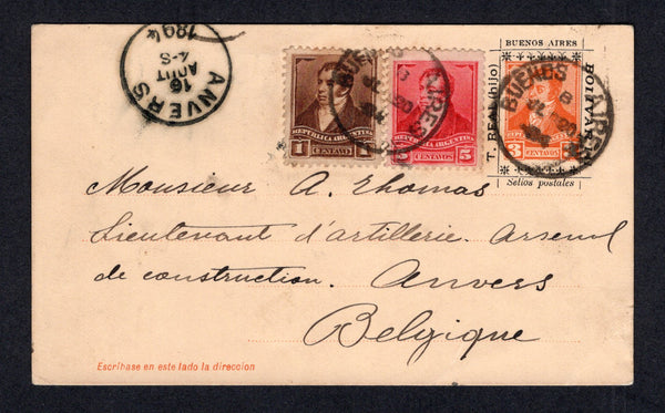 ARGENTINA - 1894 - STAMP DEALER ADVERTISING & POSTAL STATIONERY: 3c orange postal stationery card (H&G 11) with printed 'T. REAL (hijo) / BUENOS AIRES / BOLIVAR 141 / SELLOS POSTALES' stamp dealer advertisement around the four sides of the stamp impression used with added 1892 1c brown and 5c rose red (SG 143 & 146) tied by BUENOS AIRES cds's. Addressed to BELGIUM with arrival cds on front. Very attractive.  (ARG/34123)