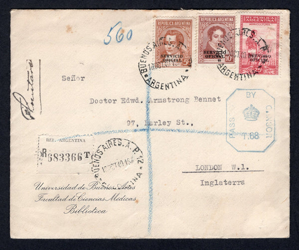 ARGENTINA - 1940 - OFFICIAL MAIL & REGISTRATION: Printed 'Universidad de Buenos Aires Facultad de Ciencias Medicas Biblioteca' official cover franked with 1938 5c orange brown & 25c carmine red & pink and 1939 10c maroon 'SERVICIO OFICIAL' overprint issue (SG O671, O673 & O680) tied by BUENOS AIRES cds's dated 10 OCT 1940 with printed registration label also tied by the cds and official 'Signature' handstamp in black alongside. Addressed to UK and censored in transit with boxed 'PASSED BY CENSOR T.68' mark