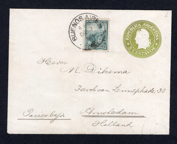 ARGENTINA - 1901 - POSTAL STATIONERY: 5c yellow green postal stationery lettersheet (H&G G9) with view inside 'Paisaje de la Tierra del Fuego' in purple & green used with added 1899 15c greenish blue 'Liberty Shield' issue (SG 231) tied by BUENOS AIRES cds dated DEC 7 1901. Addressed to HOLLAND with arrival cds on reverse.  (ARG/36207)