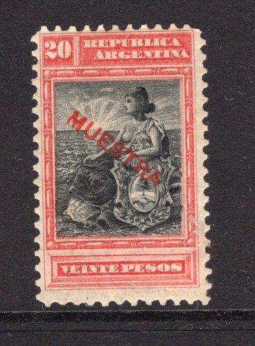 ARGENTINA - 1899 - LIBERTY SHIELD ISSUE & SPECIMEN: 20p black & carmine 'Liberty Shield' issue with 'MUESTRA' (Specimen) overprint in red. (SG 241)  (ARG/37197)