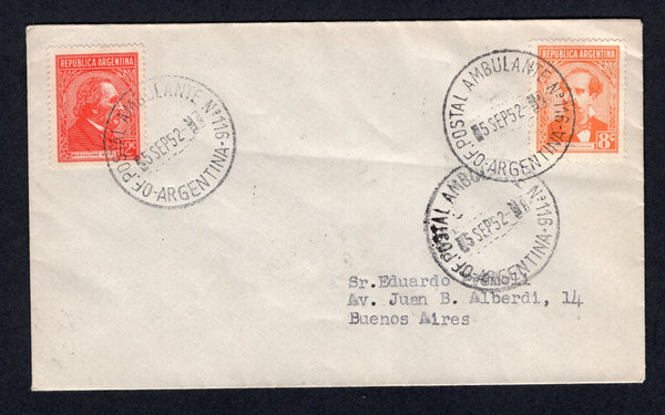 ARGENTINA - 1952 - TRAVELLING POST OFFICES: Cover franked with 1939 8c orange and 12c scarlet (SG 674 & 675) tied by two fine strikes of OF. POSTAL AMBULANTE No. 116 cds dated 5 SEP 1952. Addressed to BUENOS AIRES with arrival cds on reverse.  (ARG/37217)
