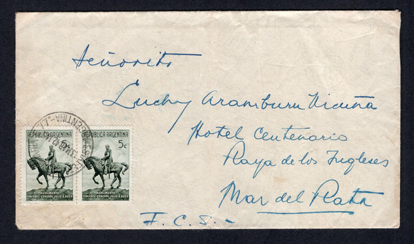 ARGENTINA - 1942 - TRAVELLING POST OFFICES: Cover with manuscript 'J.J.G. - Canals - FCCA' on reverse franked with pair 1941 5c grey olive (SG 696) tied by ESTAFETA FERROVIARIA "E 77" cds dated 13 MAR 1932. Addressed to MAR DEL PLATA. Original letter enclosed.  (ARG/37218)