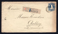 ARGENTINA - 1889 - POSTAL STATIONERY, REGISTRATION & DESTINATION: 24c blue on laid paper postal stationery envelope (H&G B4) used with CERTIFICADO BS AIRES cds with printed 'CAPITAL' registration label alongside. Addressed to DENMARK with AALBORG arrival cds on reverse. Cover a little toned along right hand side but a scarce envelope in used condition.  (ARG/37221)