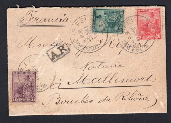 ARGENTINA - 1903 - REGISTRATION & AR: Registered AR cover franked with 1899 5ccarmine, 10c green & 24c dull purple 'Liberty Shield' issue (SG 226, 228 & 234) tied by ROSARIO cds's dated 18 MAY 1903 with small boxed 'AR' on front and printed 'ROSARIO' registration label on reverse. Addressed to FRANCE with arrival cds on reverse. A fine franking.  (ARG/37232)