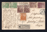 ARGENTINA - 1913 - REGISTERED POSTCARD: Colour PPC 'Buenos Aires Avenida de Mayo' franked on message side with 1912 1c yellow brown, 3 x 2c brown, pair 3c green and 4c dull purple 'Ploughman' issue (SG 396/399) tied by multiple strikes of BUENOS AIRES cds dated 29 AUG 1913 with printed 'BUENOS AIRES' registration label alongside. Sent registered to SWITZERLAND with arrival cds on front. Scarce.  (ARG/37233)