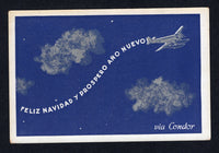 ARGENTINA - 1936 - AIRMAIL & PUBLICITY POSTCARD: Printed CONDOR 'Feliz Navidad y Prospero Ano Nuevo' Christmas & New Year greetings postcard showing a hydroplane in the sky with clouds inscribed 'Via Condor'. Unused with printed 'Franqueo 0.35 Unicamente para los cierres del 2, 9, 16, 23 y 30 de Dicbr. 1936 y 6 de Enero 1937' special rate indicator on message side. Uncommon in unused condition.  (ARG/37770)