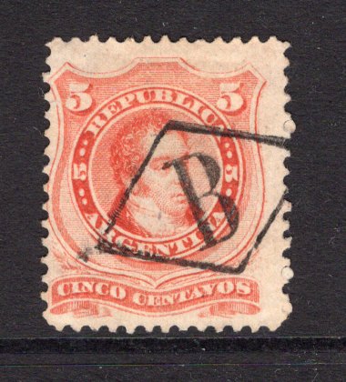 ARGENTINA - 1867 - CANCELLATION: 5c vermilion 'Rivadavia' issue used with fine complete strike of diamond 'B' cancel in black. (SG 28)  (ARG/37985)