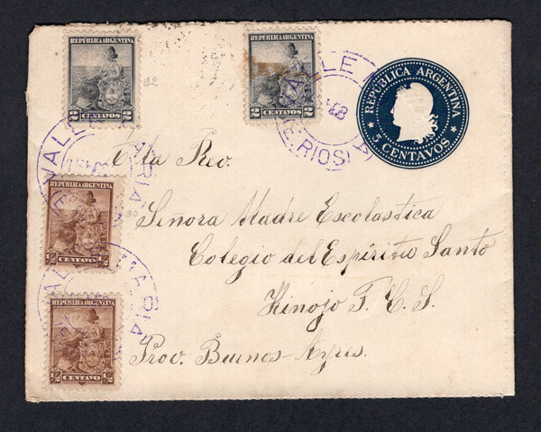 ARGENTINA - 1903 - POSTAL STATIONERY & CANCELLATION: 5c dark blue postal stationery letter sheet with 'Waterfalls' view inside in brown & olive (H&G G8) used with added 1899 2 x ½c brown and 2 x 2c slate 'Liberty Shield' issue (SG 221 & 223) tied by multiple strikes of VALLE MARIA (E. RIOS) cds in purple. Addressed to HINOJO with transit & arrival cds's on reverse. Very attractive.  (ARG/37996)