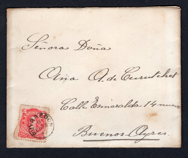 ARGENTINA - 1889 - KIDD ISSUE: Cover franked with single 1888 5c bright rose red 'Kidd' LITHO issue (SG 113) tied by PUYRREDON cds dated JAN 15 1889. Addressed to BUENOS AIRES with transit & arrival cds's on reverse. Original letter enclosed.  (ARG/37998)