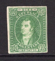ARGENTINA - 1864 - CLASSIC ISSUES & PROOF: 10c green 'Rivadavia' issue, original printing, a fine IMPERF PROOF on thick soft white paper with margins all round. Rare. (As SG 14)  (ARG/38099)