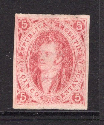 ARGENTINA - 1864 - CLASSIC ISSUES & PROOF: 5c rose red 'Rivadavia' issue, 1867 printing, a fine IMPERF PROOF on medium paper with large margins all round. (As SG 24)  (ARG/38100)