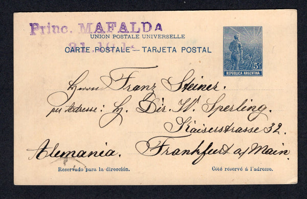 ARGENTINA - 1914 - MARITIME: 5c blue on buff 'Ploughman' postal stationery card (H&G 34) datelined 'Buenos Aires 29.10.14' used with good strike of two line 'Princ. MAFALDA 21. 10. 14' ship cancel in purple of the 'Principessa Mafalda' steamship of the Navigazione Generale Italiana line. Addressed to GERMANY.  (ARG/38639)