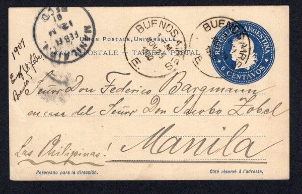 ARGENTINA - 1900 - DESTINATION: 6c deep blue postal stationery card (H&G 20) used with BUENOS AIRES cds dated NOV 29 1900. Addressed to MANILA, PHILIPPINES with MANILA arrival cds on front.  (ARG/38719)