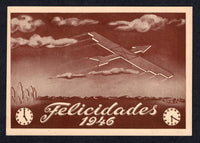 ARGENTINA - 1946 - AIRMAIL: Brown on cream printed 'Felicidades 1946 Aeroposta Argentina S.A.' Christmas greetings publicity postcard with stylised aeroplane in flight above clouds & city skyline. Fine unused.  (ARG/38720)