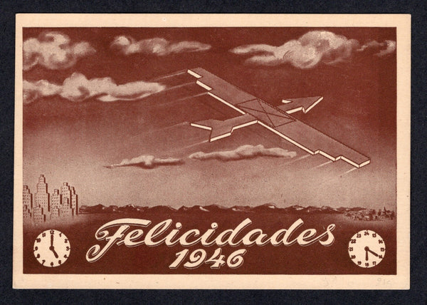 ARGENTINA - 1946 - AIRMAIL: Brown on cream printed 'Felicidades 1946 Aeroposta Argentina S.A.' Christmas greetings publicity postcard with stylised aeroplane in flight above clouds & city skyline. Fine unused.  (ARG/38720)