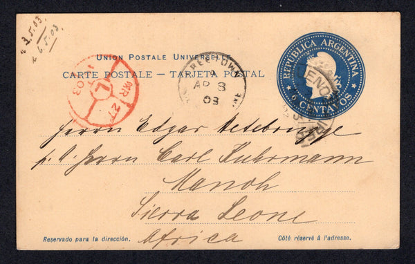 ARGENTINA - 1903 - DESTINATION: 6c deep blue 'Liberty' postal stationery card (H&G 20) used with BUENOS AIRES cds dated MAR 3 1903. Addressed to 'Manoh, Sierra Leone, Africa' with LONDON transit cds in red and FREETOWN arrival cds both on front, A rare destination.  (ARG/38917)