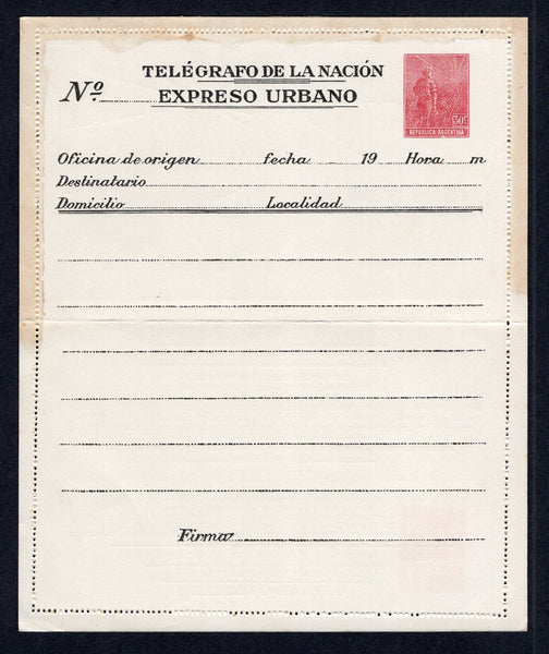 ARGENTINA - 1911 - POSTAL STATIONERY: 30c carmine postal stationery pneumatic lettercard (H&G L3) inscribed 'Telegrafo de la Nacion Expreso Urbano' on the inside and with explanation of the service and route map on the outside. A fine unused example. Scarce.  (ARG/38918)