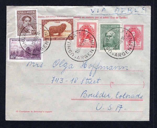 ARGENTINA - 1950 - POSTAL STATIONERY & ISLAND MAIL: 5c carmine rose 'San Martin' postal stationery envelope (H&G B46) used with added 1939 4c green and 10c maroon, 1945 30c brown & yellow brown and 40c purple & mauve and 1945 5c carmine red (SG 673, 674a, 757/758 & 773) all tied by multiple strikes of USHUAIA T.F. cds dated 13 MAR 1950. Sent airmail to USA.  (ARG/38919)