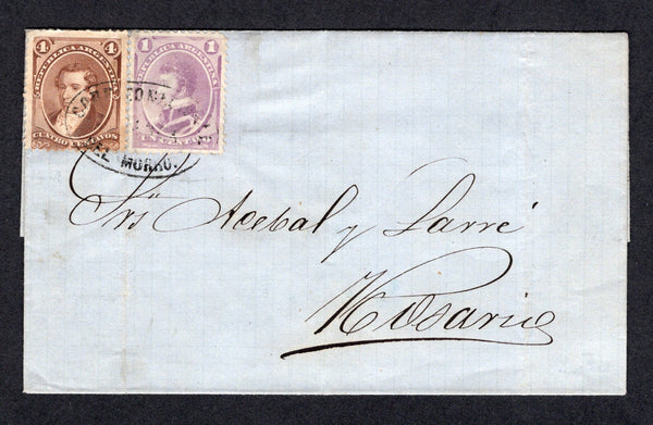 ARGENTINA - 1875 - CANCELLATION: Cover datelined 'Morro, 2 Febrero 1875' franked with 1873 1c violet and 4c brown 'National Banknote Co.' issue (SG 31 & 32) tied by undated oval CORREO NACIONALES DEL MORRO FRANCA cancel in black. Addressed to ROSARIO. A scarce origination.  (ARG/38920)
