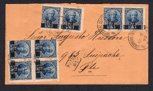 ARGENTINA - 1892 - PROVISIONAL ISSUE & MULTIPLE FRANKING: Cover franked with 1890 ¼c on 12c deep blue 'Provisional' issue with overprint in black (SG 135) a block of four and two pairs paying the 2c local rate tied by SUCURSAL CENTRO cds's dated NOV 3 1892. Addressed locally with arrival marks on front & reverse. A fine franking.  (ARG/38921)