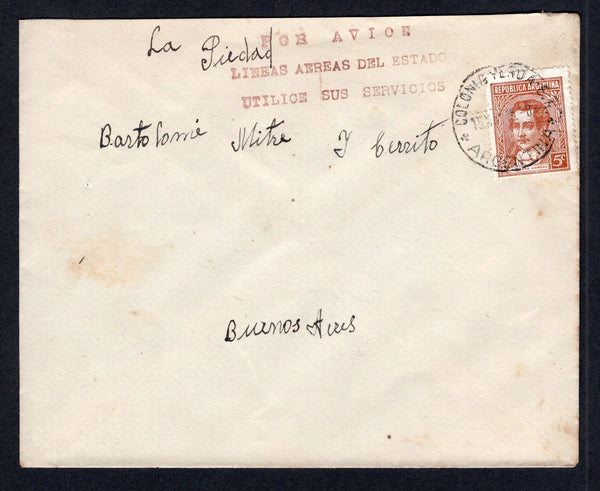 ARGENTINA - 1945 - AIRMAIL & CANCELLATION: Internal airmail cover franked with 1935 5c orange brown (SG 653) tied by COLONIA YERUA E.R. cds dated 15 MAY 1945. Sent airmail to BUENOS AIRES with fine strike of three line 'POR AVION LINEAS AEREAS DEL ESTADO UTILICE SUS SERVICIOS' cachet in red on front and BUENOS AIRES arrival cds on reverse.  (ARG/38922)