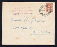 ARGENTINA - 1945 - AIRMAIL: Internal airmail cover franked with 1935 5c orange brown (SG 653) tied by SANTO TOME CRR. cds dated 25 MAY 1945. Sent airmail to BUENOS AIRES with fine strike of three line 'POR AVION LINEAS AEREAS DEL ESTADO UTILICE SUS SERVICIOS' cachet in red on front and BUENOS AIRES arrival mark on reverse.  (ARG/38923)