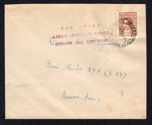 ARGENTINA - 1945 - AIRMAIL: Internal airmail cover franked with 1935 5c orange brown (SG 653) tied by MONTE CASEROS CTES. cds dated 31 MAY 1945. Sent airmail to BUENOS AIRES with fine strike of three line 'POR AVION LINEAS AEREAS DEL ESTADO UTILICE SUS SERVICIOS' cachet in red on front and BUENOS AIRES arrival cds on reverse.  (ARG/38924)