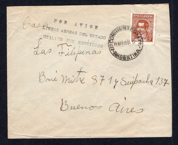 ARGENTINA - 1945 - AIRMAIL: Internal airmail cover franked with 1935 5c orange brown (SG 653) tied by CORRIENTES cds dated 14 MAY 1945. Sent airmail to BUENOS AIRES with fine strike of three line 'POR AVION LINEAS AEREAS DEL ESTADO UTILICE SUS SERVICIOS' cachet in black on front and BUENOS AIRES arrival cds on reverse.  (ARG/38925)