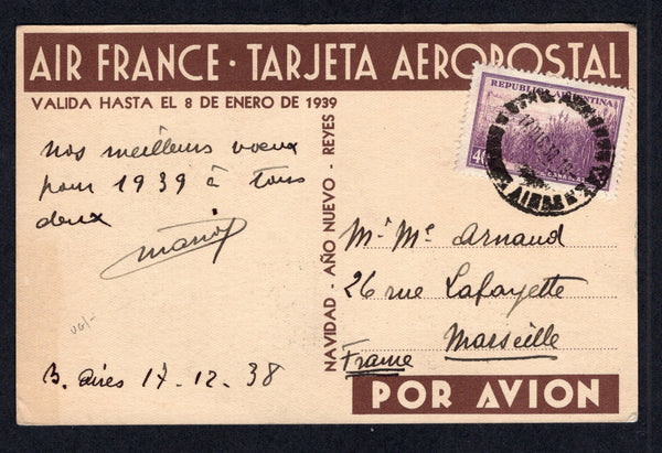 ARGENTINA - 1938 - AIRMAIL & PUBLICITY POSTCARD: Printed AIR FRANCE Christmas & New Year greetings postcard dated '1939' showing a plane flying over the pampas and a gaucho on horseback franked with 1936 40c purple & mauve (SG 658) tied by AEREO POSTAL BUENOS AIRES cds dated 17 DEC 1938. Addressed to FRANCE.  (ARG/38927)