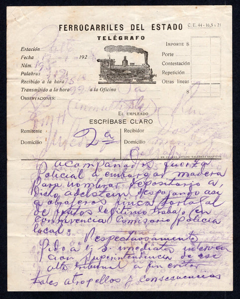 ARGENTINA - 1928 - TELEGRAPH FORM & RAILWAY THEMATIC: Lovely printed 'FERROCARRILES DEL ESTADO TELEGRAFO' telegraph form with superb 'Train' illustration at top used from Estacion 'Salta' to BUENOS AIRES with purple manuscript notations and message on front & reverse. Very attractive.  (ARG/38929)