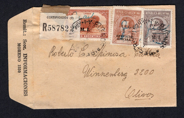 ARGENTINA - 1941 - MINISTERIAL ISSUES & OFFICIAL ISSUES: Small printed registered official envelope franked with 1936 2c grey brown and 30c brown & yellow brown with 'M.I.' Ministry of the Interior overprints with serifs (SG OD57D & OD64D) and 1942 5c orange brown with 'SERVICIO OFICIAL' overprint (SG O718) all with small official 'Signature' handstamps applied directly onto the stamps in blue tied by 1. V. BUENOS AIRES R. cds's dated 21 OCT 1941 with printed registration label also tied by the cds's. Addr