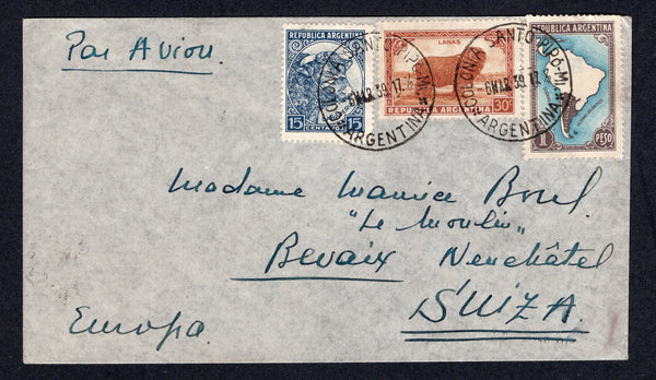 ARGENTINA - 1939 - CANCELLATION: Airmail cover franked with 1936 15c dull blue, 30c brown & yellow brown and 1p light blue & chocolate (SG 655, 657 & 660a) tied by two fine strikes of COLONIA SANTO PIPO MI (Misiones) cds dated 6 MAR 1939. Addressed to SWITZERLAND with arrival cds on reverse.  (ARG/39331)