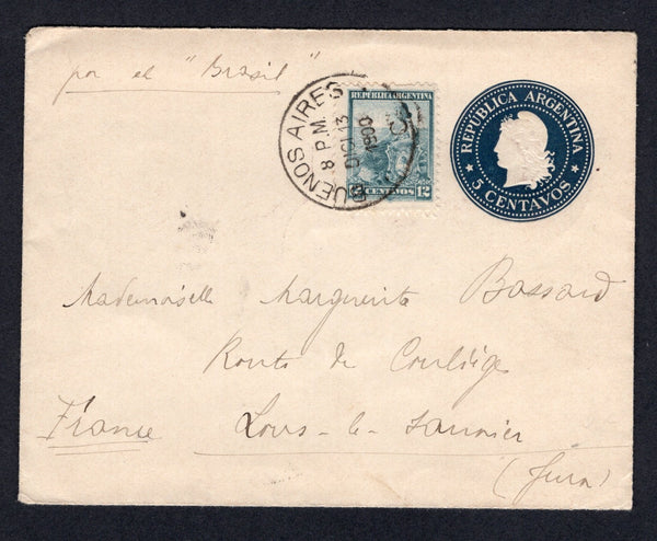ARGENTINA - 1900 - POSTAL STATIONERY: 5c dark blue postal stationery lettersheet (H&G G8) with brown and ultramarine view inside of 'Ships and boats at the Docks in Buenos Aires' used with added 1899 12c slate blue 'Liberty Shield' issue (SG 229a) tied by BUENOS AIRES cds dated DEC 13 1900. Addressed to FRANCE with manuscript 'Por el 'Brasil' ship endorsement on front and arrival cds on reverse.  (ARG/39351)
