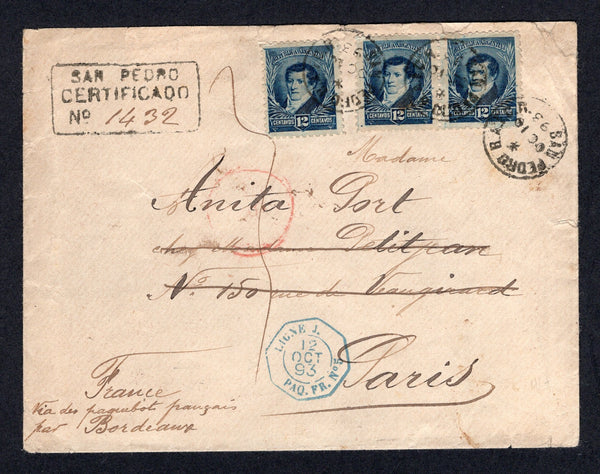 ARGENTINA - 1893 - REGISTRATION & MARITIME: Registered cover franked with 3 x 1892 12c deep blue (SG 148) tied by SAN PEDRO B.A. cds's dated OCT 10 1893 with fine strike of boxed 'SAN PEDRO CERTIFICADO' registration marking alongside. Addressed to FRANCE with fine strike of octagonal LIGNE J. PAQ FR No.5 cds in blue on front and transit and arrival marks on reverse.  (ARG/39386)