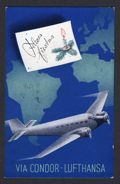 ARGENTINA - 1938 - AIRMAIL & PUBLICITY POSTCARD: Printed VIA CONDOR-LUFTHANSA 'Felices Fiestas' Christmas & New Year greetings postcard showing a plane over the Atlantic ocean between South America & Europe franked with 1936 40c purple & mauve (SG 658) tied by BUENOS AIRES cds dated 20 DEC 1938. Addressed to FRANCE. Fien condition.  (ARG/39409)