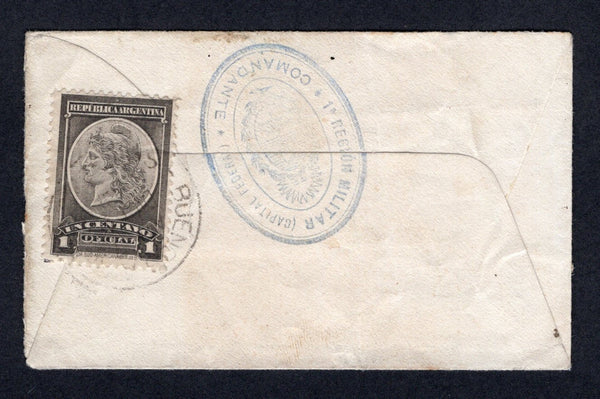 ARGENTINA - 1901 - OFFICIAL MAIL: Circa 1901 small unsealed envelope franked on reverse with 1901 1c grey 'Official' issue (SG O275) tied by BUENOS AIRES cds with fine strike of oval '1a REGION MILITAR (CAPTIAL FEDERAL) COMANDANTE' official 'Arms' cachet alongside. Addressed locally within BUENOS AIRES. Very scarce.  (ARG/39510)