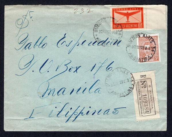 ARGENTINA - 1941 - DESTINATION: Registered cover franked with 1935 5c orange brown and 1940 30c red orange AIR issue (SG 653b & 689) tied by BUENOS AIRES cds's dated 30 MAY 29 (with error in year date 29 for 41) with printed registration label alongside. Addressed to MANILA, PHILIPPINES with arrival cds on reverse.  (ARG/39775)