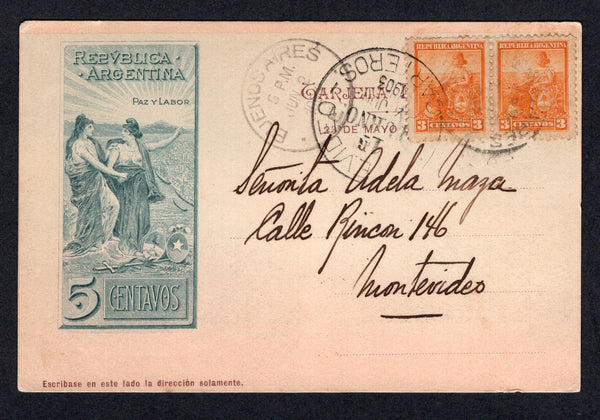 ARGENTINA - 1903 - POSTAL STATIONERY: 5c grey green & brown 'Chilean Peace Commission' postal stationery viewcard (H&G 28) with view of 'Cerro Uriburu - Neuquen' on reverse used with added pair 1899 3c orange 'Liberty Shield' issue (SG 224) tied by BUENOS AIRES cds dated JUN 2 1903. Addressed to URUGUAY with large MONTEVIDEO CARTEROS arrival cds on front.  (ARG/39887)