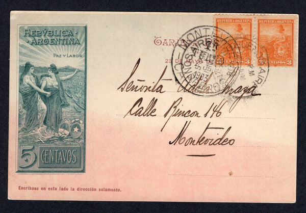 ARGENTINA - 1903 - POSTAL STATIONERY: 5c grey green & brown 'Chilean Peace Commission' postal stationery viewcard (H&G 28) with view of 'Lago Pueyrredon - Santa Cruz' on reverse used with added pair 1899 3c orange 'Liberty Shield' issue (SG 224) tied by BUENOS AIRES cds dated JUN 2 1903. Addressed to URUGUAY with large MONTEVIDEO CARTEROS arrival cds on front.  (ARG/39889)