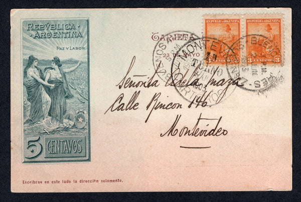 ARGENTINA - 1903 - POSTAL STATIONERY: 5c grey green & brown 'Chilean Peace Commission' postal stationery viewcard (H&G 28) with view of 'Lago Gutierrez - Rio Negro' on reverse used with added pair 1899 3c orange 'Liberty Shield' issue (SG 224) tied by BUENOS AIRES cds dated JUN 2 1903. Addressed to URUGUAY with large MONTEVIDEO CARTEROS arrival cds on front.  (ARG/39890)