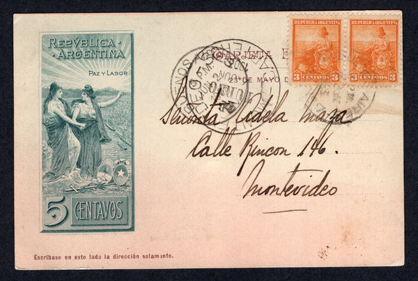 ARGENTINA - 1903 - POSTAL STATIONERY: 5c grey green & brown 'Chilean Peace Commission' postal stationery viewcard (H&G 28) with view of 'Lago Huechu Lafquen - Neuquen' on reverse used with added pair 1899 3c orange 'Liberty Shield' issue (SG 224) tied by BUENOS AIRES cds dated JUN 2 1903. Addressed to URUGUAY with large MONTEVIDEO CARTEROS arrival cds on front.  (ARG/39892)