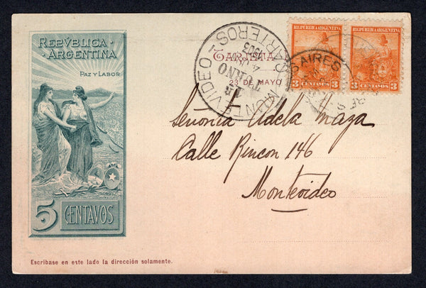 ARGENTINA - 1903 - POSTAL STATIONERY: 5c grey green & brown 'Chilean Peace Commission' postal stationery viewcard (H&G 28) with view of 'Puna de Atacama' on reverse used with added pair 1899 3c orange 'Liberty Shield' issue (SG 224) tied by BUENOS AIRES cds dated JUN 2 1903. Addressed to URUGUAY with large MONTEVIDEO CARTEROS arrival cds on front. Some small dents on address panel.  (ARG/39893)