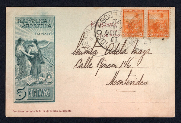 ARGENTINA - 1903 - POSTAL STATIONERY: 5c grey green & brown 'Chilean Peace Commission' postal stationery viewcard (H&G 28) with view of 'Rio Tamango - Chubut' on reverse used with added pair 1899 3c orange 'Liberty Shield' issue (SG 224) tied by BUENOS AIRES cds dated JUN 2 1903. Addressed to URUGUAY with large MONTEVIDEO CARTEROS arrival cds on front.  (ARG/39894)