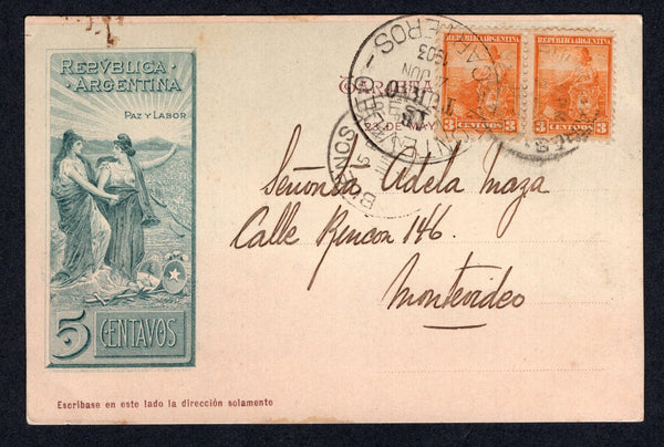 ARGENTINA - 1903 - POSTAL STATIONERY: 5c grey green & brown 'Chilean Peace Commission' postal stationery viewcard (H&G 28) with view of 'Lago Inferior - Chubut' on reverse used with added pair 1899 3c orange 'Liberty Shield' issue (SG 224) tied by BUENOS AIRES cds dated JUN 2 1903. Addressed to URUGUAY with large MONTEVIDEO CARTEROS arrival cds on front.  (ARG/39895)