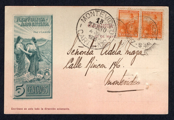 ARGENTINA - 1903 - POSTAL STATIONERY: 5c grey green & brown 'Chilean Peace Commission' postal stationery viewcard (H&G 28) with view of 'Rio Tarde - Santa Cruz' on reverse used with added pair 1899 3c orange 'Liberty Shield' issue (SG 224) tied by BUENOS AIRES cds dated JUN 2 1903. Addressed to URUGUAY with large MONTEVIDEO CARTEROS arrival cds on front.  (ARG/39896)